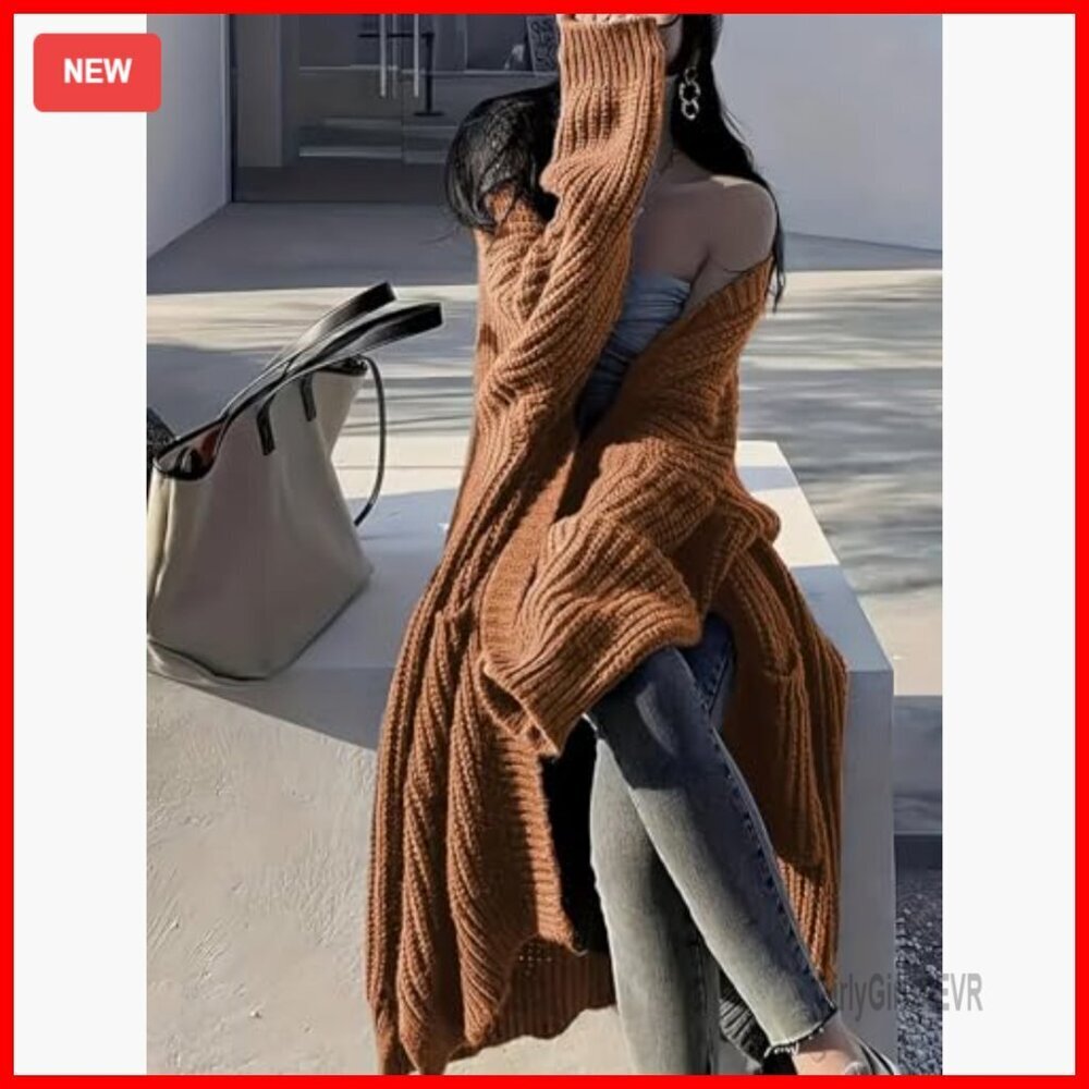 Long Sleeve Cardigan Sweater Open Front Duster Pockets Oversized - Picture 2 of 7